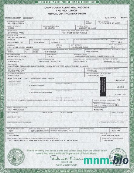 USA Illinois state śmierć certyfikat szablon w formacie PSD